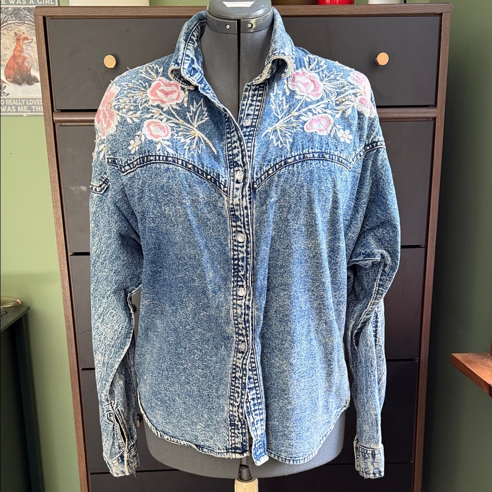 Vintage 80s Acid Washed Denim Shirt with Floral Embroidery